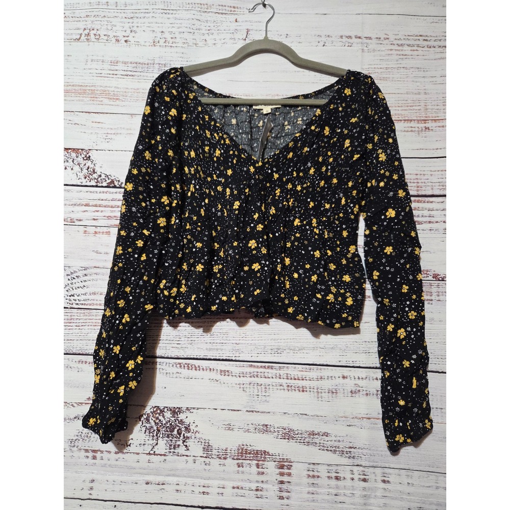 LA Hearts PacSun Black Yellow Floral Polka Dot Smocked V-Neck Crop Top Large NWT